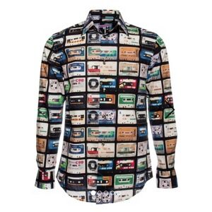 Vintage Retro Men Shirt Cassette Tapes by Coton Doux Mens Medium